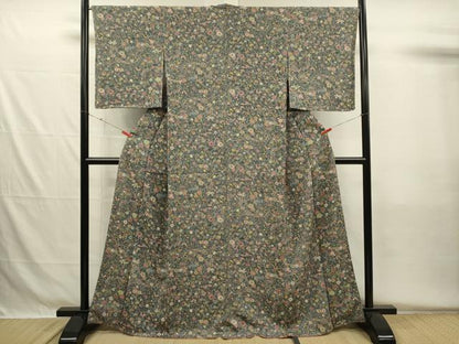 平和屋着物■上質な小紋　型染め　花鳥文　鬼しぼ縮緬　正絹　逸品　未使用　DABH5543ya