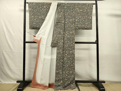 平和屋着物■上質な小紋　型染め　花鳥文　鬼しぼ縮緬　正絹　逸品　未使用　DABH5543ya