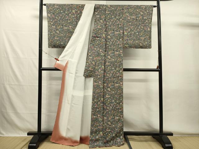 平和屋着物■上質な小紋　型染め　花鳥文　鬼しぼ縮緬　正絹　逸品　未使用　DABH5543ya