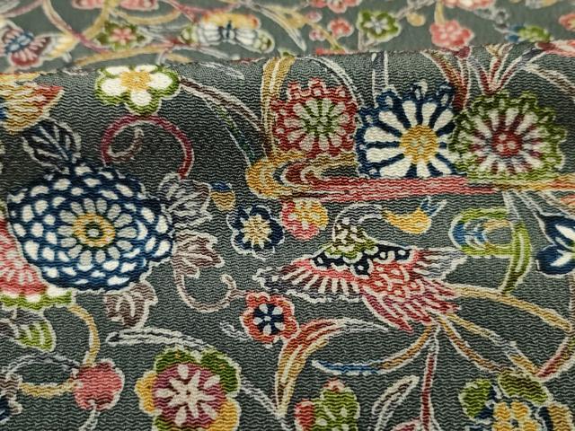 平和屋着物■上質な小紋　型染め　花鳥文　鬼しぼ縮緬　正絹　逸品　未使用　DABH5543ya
