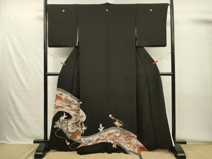 平和屋着物■豪華黒留袖　渡橋風景花文　金彩　正絹　逸品　DABH5551ya