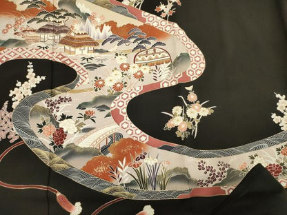 平和屋着物■豪華黒留袖　渡橋風景花文　金彩　正絹　逸品　DABH5551ya