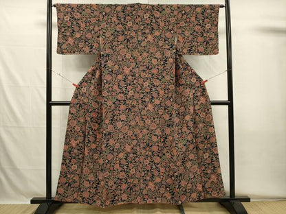 平和屋着物■上質な小紋　更紗花文　鬼しぼ縮緬　正絹　逸品　DABH5554ya