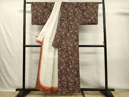 平和屋着物■上質な小紋　更紗花文　鬼しぼ縮緬　正絹　逸品　DABH5554ya