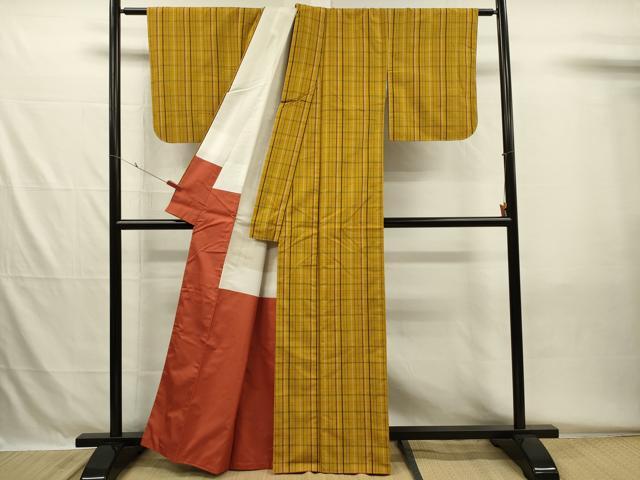 平和屋着物■上質な紬　格子文　正絹　逸品　DABH5558ya