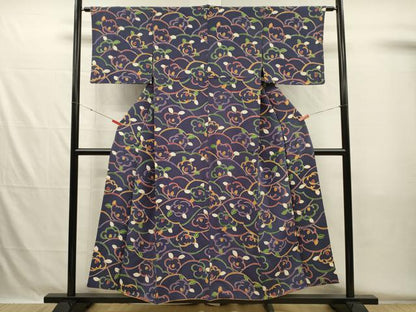 平和屋着物■上質な小紋　草花文　鬼しぼ縮緬　正絹　逸品　DABH5562ya
