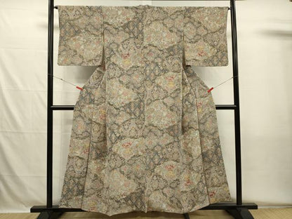 平和屋着物■上質な小紋　更紗花鳥文　鬼しぼ縮緬　正絹　逸品　DABH5575ya