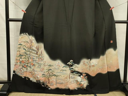 平和屋着物■豪華黒留袖　作家物　刺繍　風景花松文　暈し染め　金彩　正絹　逸品　DABH5586ya