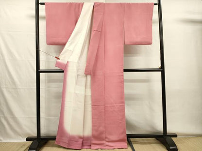 平和屋着物■二代目清次郎　手描き　色無地　薔薇色　暈し染め　鬼しぼ縮緬　正絹　逸品　DABH5607ya