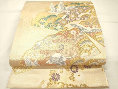 平和屋着物◎六通柄袋帯　唐織　飛鶴花松文　金銀糸　正絹　逸品　DABH5625ya