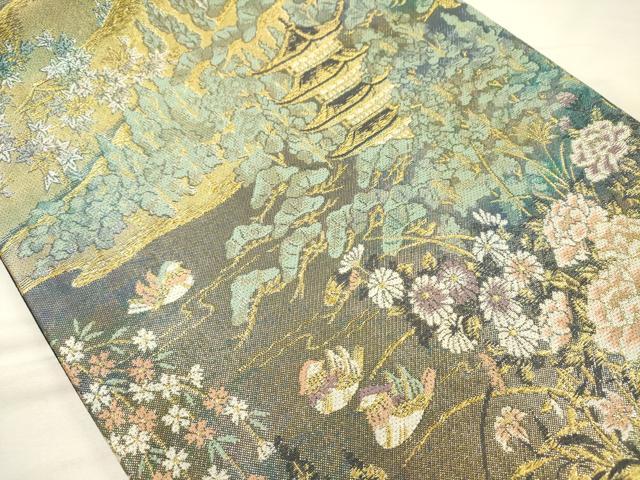 平和屋着物◎六通柄袋帯　風景花文　鴛鴦　金糸　正絹　逸品　DABH5627ya