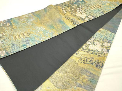 平和屋着物◎六通柄袋帯　風景花文　鴛鴦　金糸　正絹　逸品　DABH5627ya