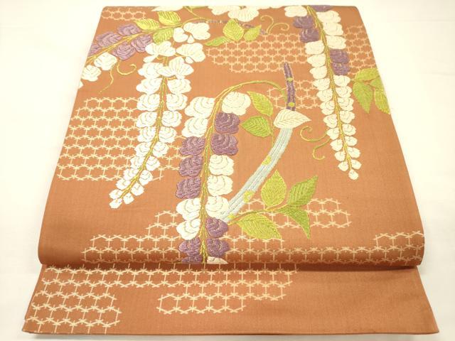 平和屋着物◎太鼓柄袋帯　唐織　枝垂れ藤　金糸　正絹　逸品　DABH5629ya