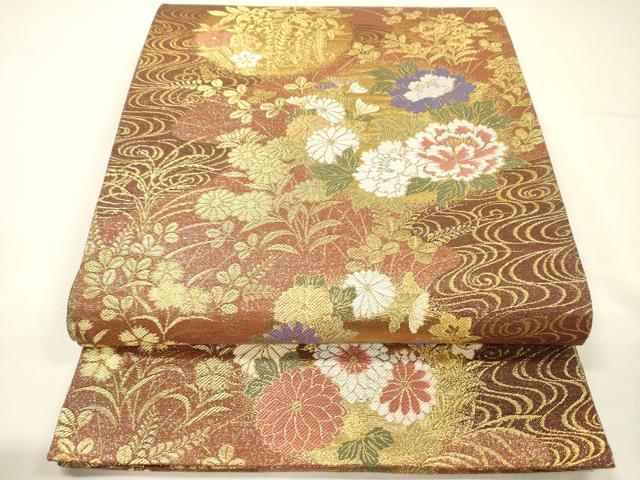 平和屋着物◎六通柄袋帯　草花文　金糸　正絹　逸品　DABH5632ya