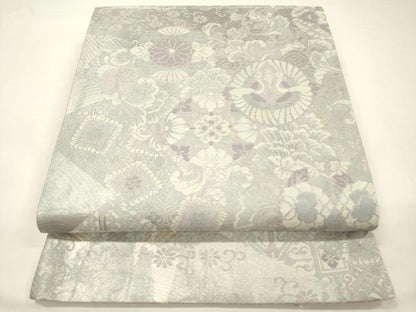 平和屋着物◎六通柄袋帯　向かい鳥花文　銀糸　正絹　逸品　DABH5639ya