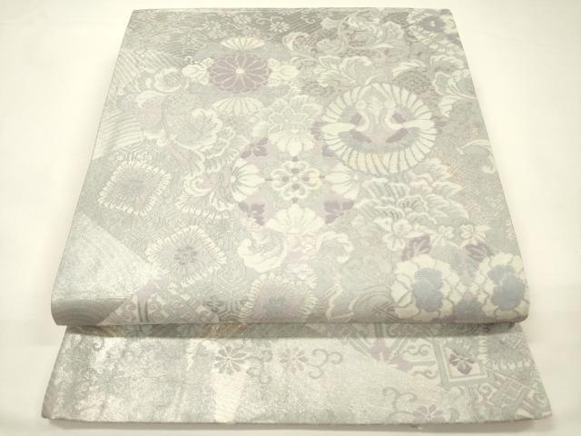 平和屋着物◎六通柄袋帯　向かい鳥花文　銀糸　正絹　逸品　DABH5639ya