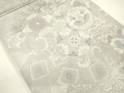 平和屋着物◎六通柄袋帯　向かい鳥花文　銀糸　正絹　逸品　DABH5639ya
