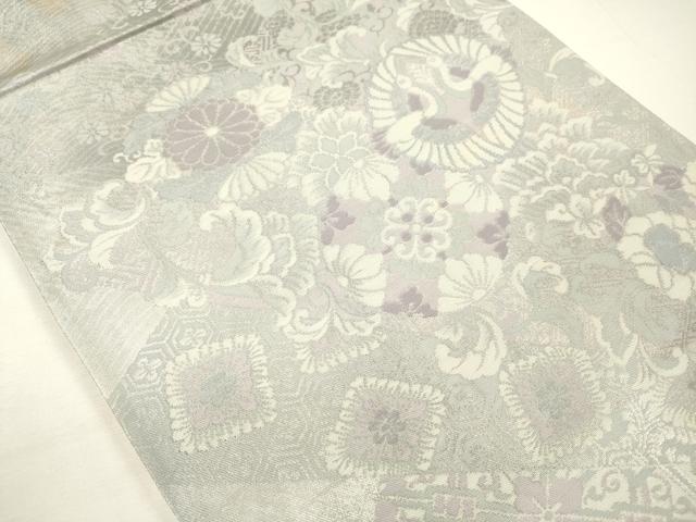 平和屋着物◎六通柄袋帯　向かい鳥花文　銀糸　正絹　逸品　DABH5639ya