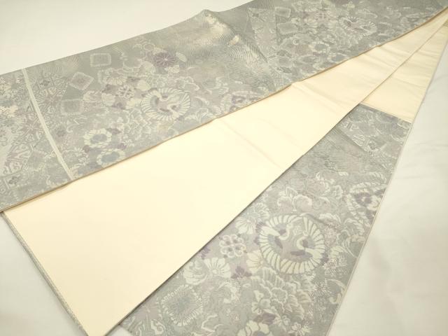 平和屋着物◎六通柄袋帯　向かい鳥花文　銀糸　正絹　逸品　DABH5639ya