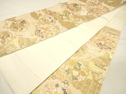 平和屋着物◎六通柄袋帯　唐織　雪輪花鳥文　鴛鴦　金糸　正絹　逸品　DABH5641ya