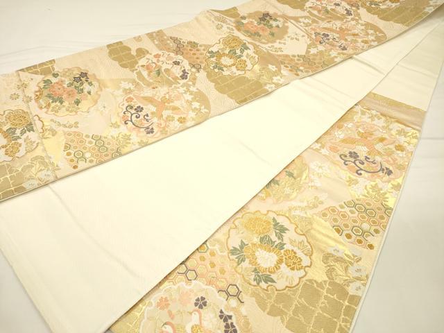 平和屋着物◎六通柄袋帯　唐織　雪輪花鳥文　鴛鴦　金糸　正絹　逸品　DABH5641ya