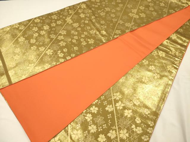 平和屋着物◎全通柄袋帯　舞桜文　金彩　正絹　逸品　DABH5650ya