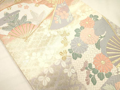 平和屋着物◎六通柄袋帯　唐織　扇面花文　金糸　正絹　逸品　DABH5656ya