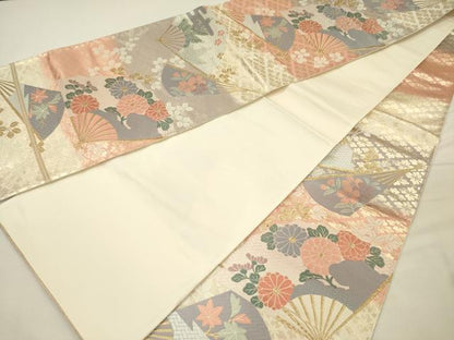 平和屋着物◎六通柄袋帯　唐織　扇面花文　金糸　正絹　逸品　DABH5656ya