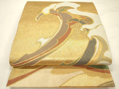 平和屋着物◎六通柄袋帯　刺繍　立波文　金糸　正絹　逸品　DABH5659ya