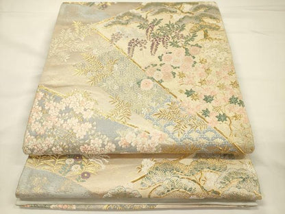 平和屋着物◎六通柄袋帯　裂取桜松文　金糸　正絹　逸品　DABH5665ya
