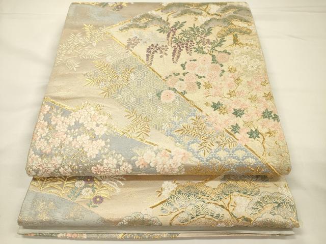 平和屋着物◎六通柄袋帯　裂取桜松文　金糸　正絹　逸品　DABH5665ya