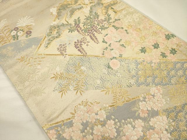 平和屋着物◎六通柄袋帯　裂取桜松文　金糸　正絹　逸品　DABH5665ya