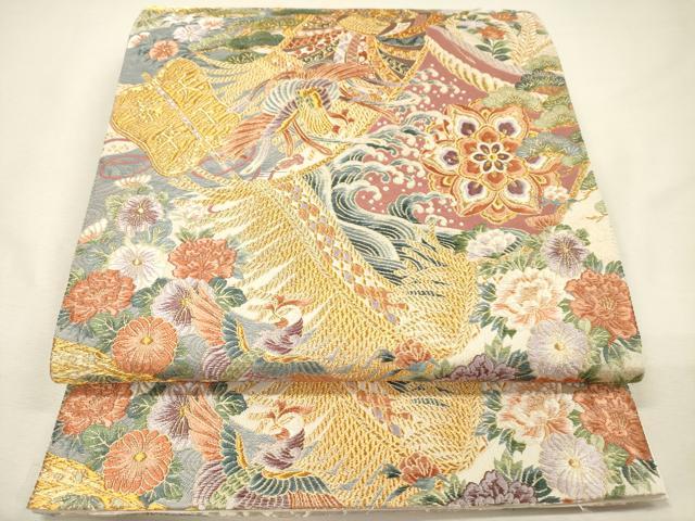 ​【美品】正絹 六通柄 袋帯 唐織 鳳凰花絵皿文 金糸 逸品 訪問着 留袖 平和屋着物◎六通柄袋帯 唐織 正倉院鳳凰花文 軍配