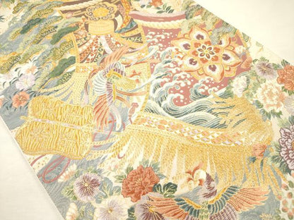平和屋着物◎六通柄袋帯　唐織　正倉院鳳凰花文　軍配　金糸　正絹　逸品　DABH5666ya