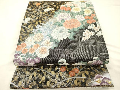 平和屋着物◎佐賀錦　六通柄袋帯　唐織　草花文　黒地　金銀糸　正絹　逸品　DABH5668ya
