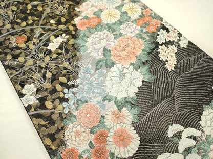 平和屋着物◎佐賀錦　六通柄袋帯　唐織　草花文　黒地　金銀糸　正絹　逸品　DABH5668ya