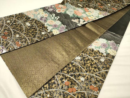 平和屋着物◎佐賀錦　六通柄袋帯　唐織　草花文　黒地　金銀糸　正絹　逸品　DABH5668ya