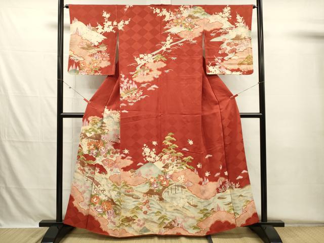 平和屋着物■訪問着　駒刺繍　風景花松文　鹿の子　金彩　正絹　逸品　DABH5680ya