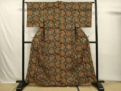 平和屋着物■上質な小紋　紬地　型染め　草花丸文　龍　正絹　逸品　DABH5681ya
