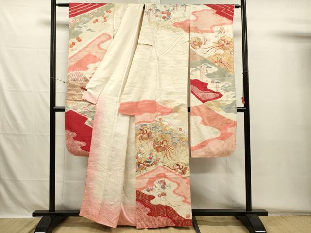 平和屋着物■豪華振袖　駒刺繍　絞り　雪輪鳳凰花松文　金彩　正絹　逸品　DABH5684ya