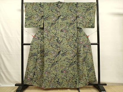 平和屋着物■上質な小紋　背抜き仕立て　型染め　風景花文　鬼しぼ縮緬　正絹　逸品　DABH5687ya