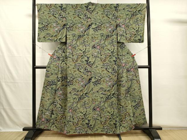 平和屋着物■上質な小紋　背抜き仕立て　型染め　風景花文　鬼しぼ縮緬　正絹　逸品　DABH5687ya