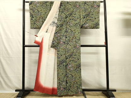 平和屋着物■上質な小紋　背抜き仕立て　型染め　風景花文　鬼しぼ縮緬　正絹　逸品　DABH5687ya