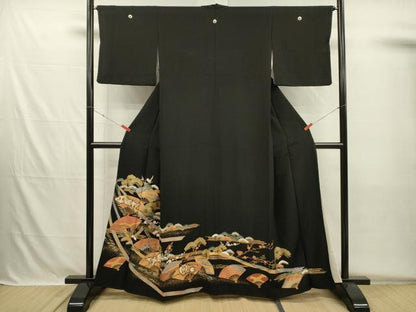 平和屋着物■豪華黒留袖　扇面双鶴花文　松竹梅　金彩　正絹　逸品　DABH5690ya