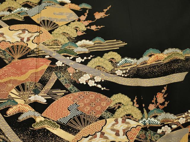 平和屋着物■豪華黒留袖　扇面双鶴花文　松竹梅　金彩　正絹　逸品　DABH5690ya