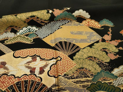 平和屋着物■豪華黒留袖　扇面双鶴花文　松竹梅　金彩　正絹　逸品　DABH5690ya