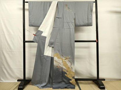 平和屋着物■訪問着　駒刺繍　道長地紙飛鶴花文　箔散らし　暈し染め　金銀彩　正絹　逸品　DABH5691ya