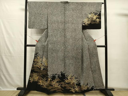 平和屋着物■訪問着　流水草葉文　たたき染め　黒地　金彩　正絹　逸品　DABH5701ya