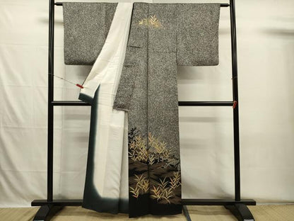 平和屋着物■訪問着　流水草葉文　たたき染め　黒地　金彩　正絹　逸品　DABH5701ya