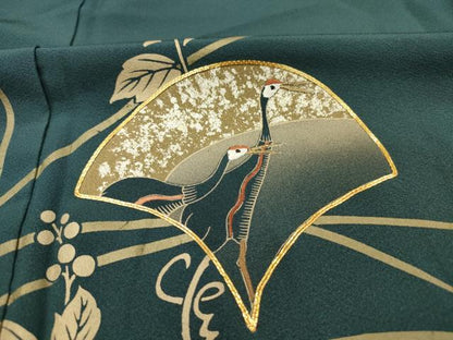 平和屋着物■色留訪問着　駒刺繍　南天蔦の葉文　鶴　金彩　正絹　逸品　未使用　DABH5713ya